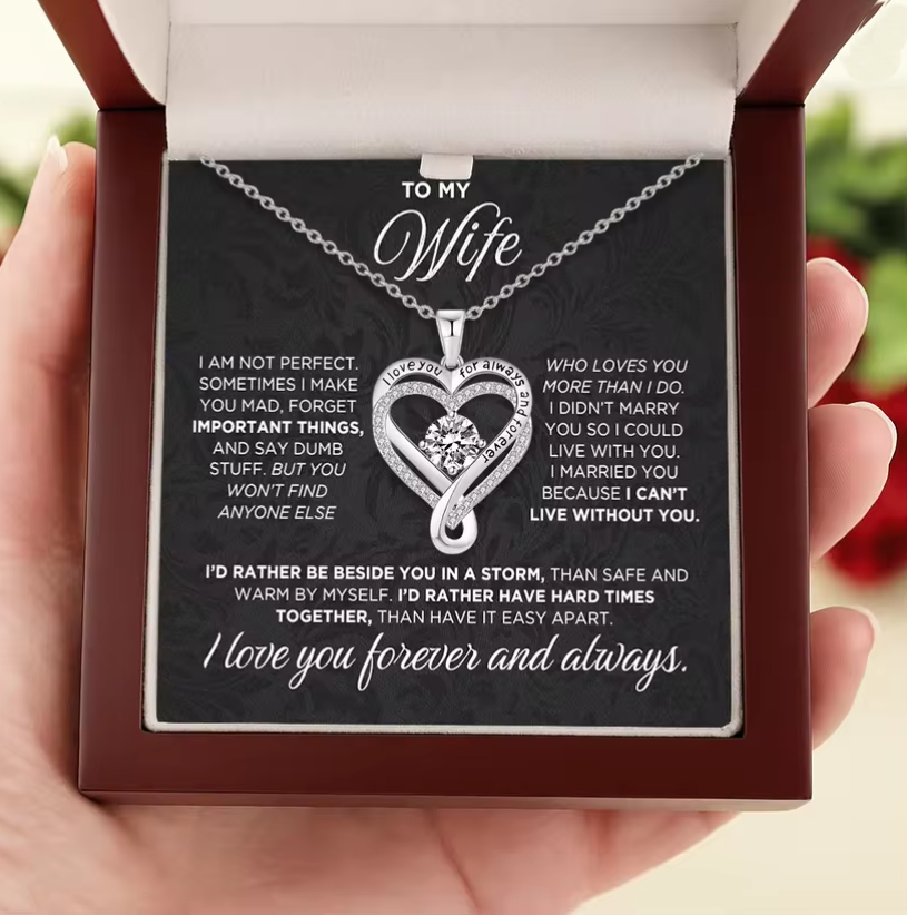 "To My Wife" Engraved Heart Necklace with Wooden LED Box