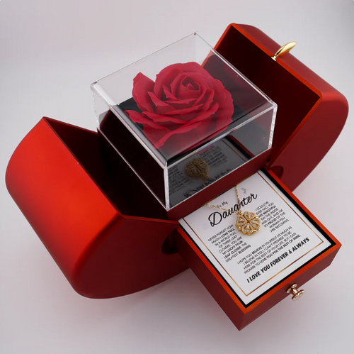 Daughter's 4-Leaf Clover "Lucky Charm" Necklace and Forever RED/ROSE Gift Box